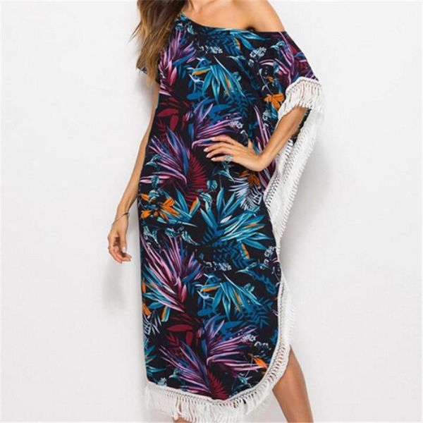 

summer women beach dress off shoulder kaftan boho floral cover up split long maxi dresses bikini women's swimwear, White;black