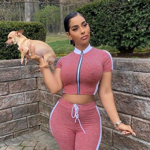 

piece set women tracksuit pant sets for the summer 2021 club party two zipper shirt crop trackpant outfits dress, White