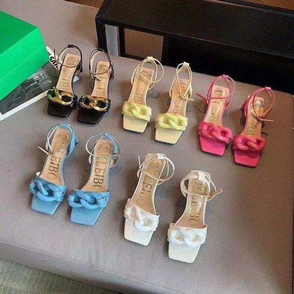 

sandals candy color high heel women 2021 summer women's square toe thick shoes big chain, Black