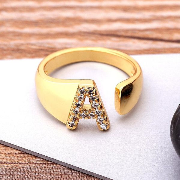 

hollow a-z letter gold color adjustable opening ring initials name alphabet female party wedding trendy copper cz jewelry rings, Slivery;golden