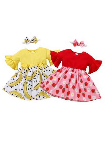 

girl's dresses 2 pcs infant summer outfits baby girl fruit print flare sleeve round neck dress + bowknot headband cute clothing sets, Red;yellow