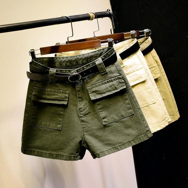 

women's shorts army green denim summer loose casual wide leg for pants streetwear high waist biker c6340 8s2r, White;black