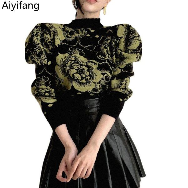 

women's sweaters korea chic vintage flower jacquard thick knitted pullover sweater autumn long sleeve hit color short knitwear, White;black