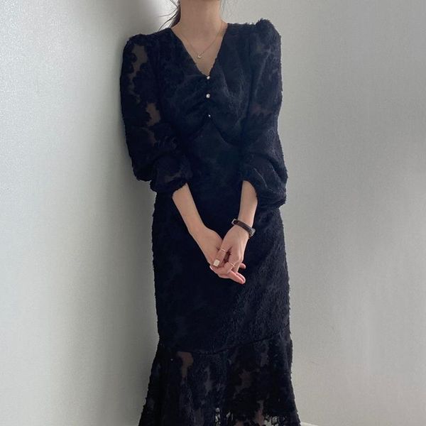

casual dresses spring autumn temperament women's v-neck ruffled fringe thin waist lantern sleeve dressuk775, Black;gray