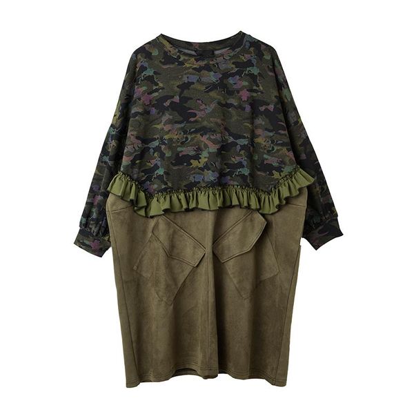 

casual dresses sondr spring autumn 2021 women army green ruffles pocket big size dress round neck long sleeve loose fit fashion tide, Black;gray