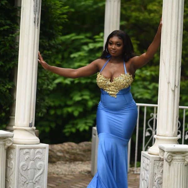 

prom dresses aso ebi long mermaid halter neck sleeveless gold appliques plus size women formal evening party gowns, Black