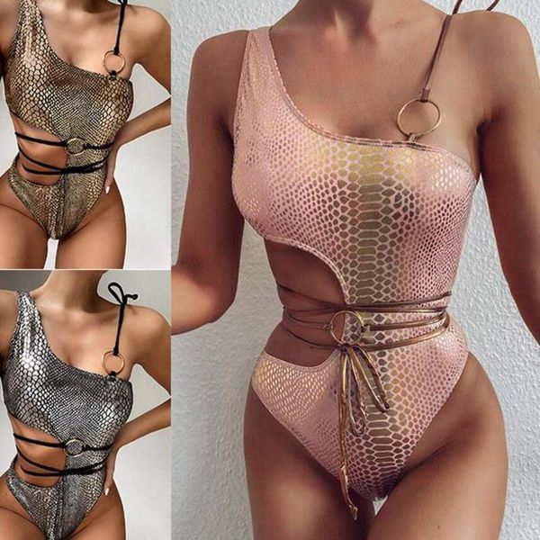 

cut out shoulder one piece swimsuit snake bikini 1953, Black;white