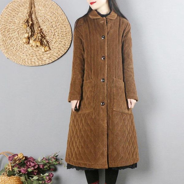 

harajuku style retro literature corduroy cotton padded jacket women's winter clothes chinese long thickened down & parkas, Black