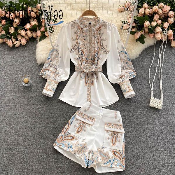 

women's tracksuits autumn vintage printed suit chic two pieces set white blouse and high waist short woman 2 female suits, Gray