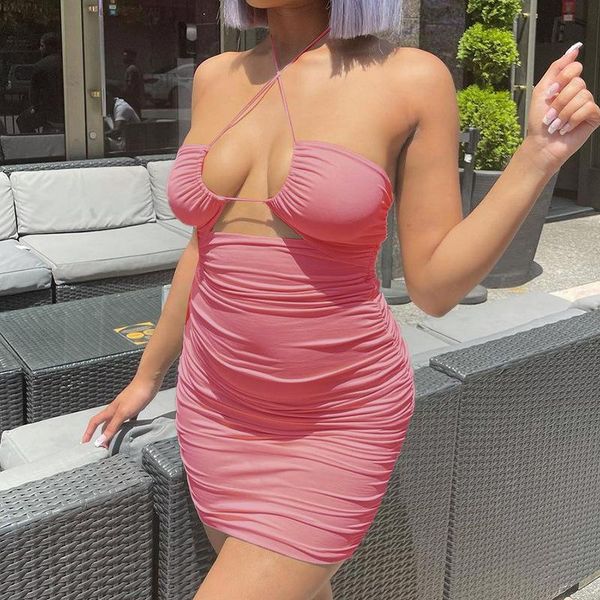 

casual dresses women close-fitting hollow out dress solid color halter neck sleeveless, Black;gray