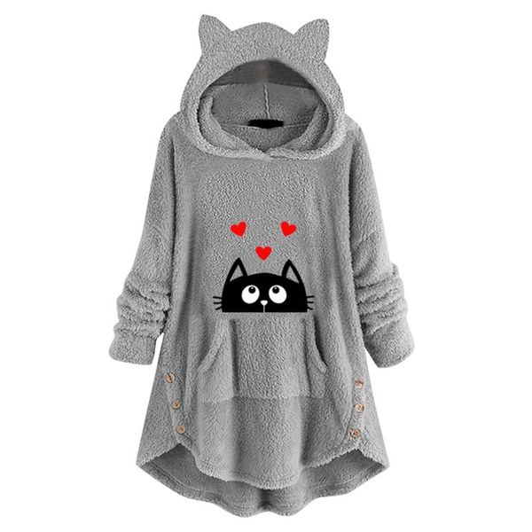 

women's hoodies & sweatshirts cat love print fluffy hoodie womens oversize fleece teddy hooded blanket pullover cozy soft lounge cute s, Black