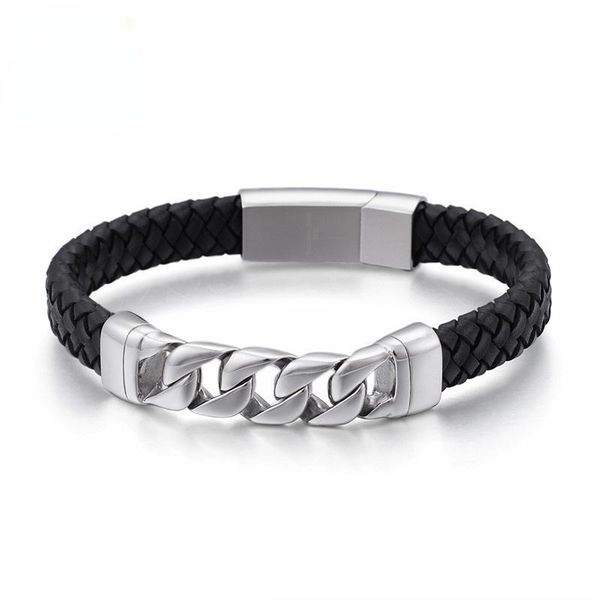 

tennis 22cm fashion woven leather bracelet for men stainless steel vintage cuban chain charm bangle jewelry accessories, Golden;silver