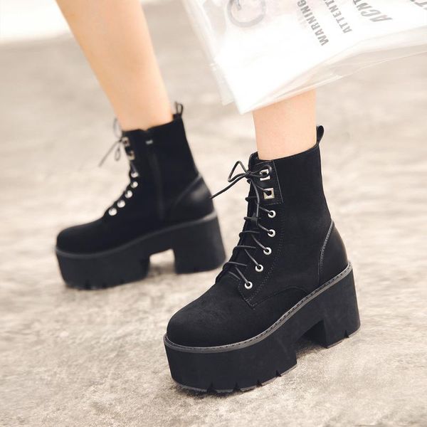 

boots large women's korean punk thick bottomed muffin short lace up suede slope heel, Black