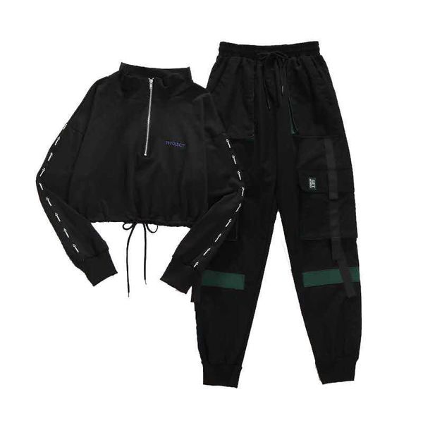 

two piece set cargo pant spring autumn harajuku bf loose black sweatershirt+cargo 210531, White