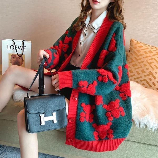 

women's knits & tees knit sweater jacket women spring and autumn v-neck casual mid-length loose jacquard cardigan vestidos de muje, White