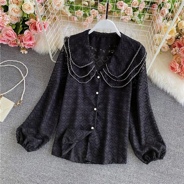 

spring autumn temperament fashion doll collar chiffon shirt women sweet big lapel puff sleeve uk942 women's blouses & shirts, White