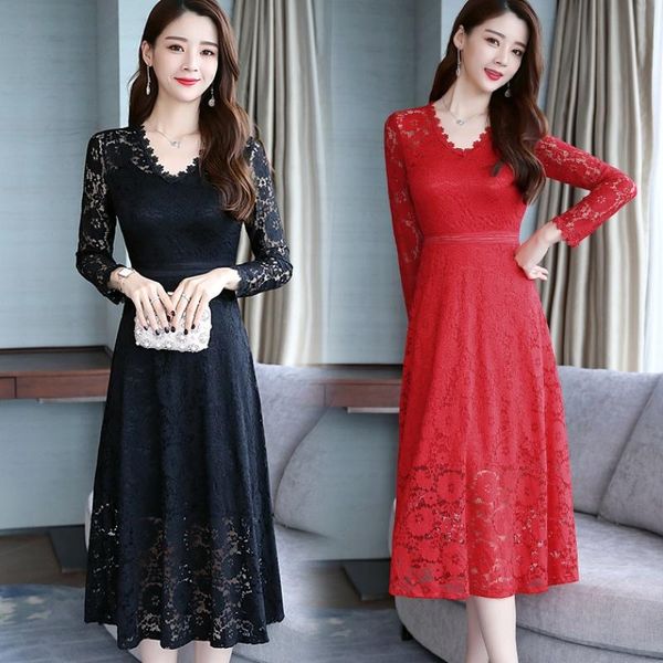 

casual dresses 2021 spring winter plus size black lace midi women elegant bodycon long dress party red runway vestido, Black;gray