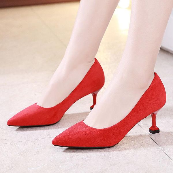 

red suede high heel net fine with pointed shallow mouth single shoes female wedding etiquette work dress, Black