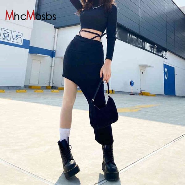 

women summer long skirts hollow out asymmetrical fairy grunge skirt harajuku goth clothes korean style beach holiday oufits 210517, Black