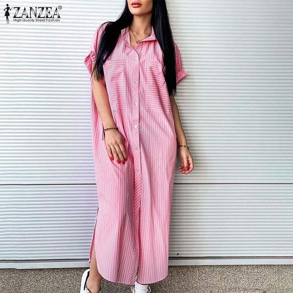 

casual dresses women vintage shirt dress 2022 summer striped maxi vestidos short sleeve long sundress ladies oversized robe femme, Black;gray