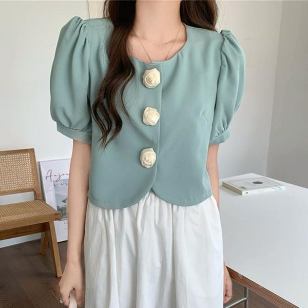 

women's suits & blazers hzirip 2021 rose button women high waist short sleeves ol fashion chic elegance slim femme streetwear all matc, White;black