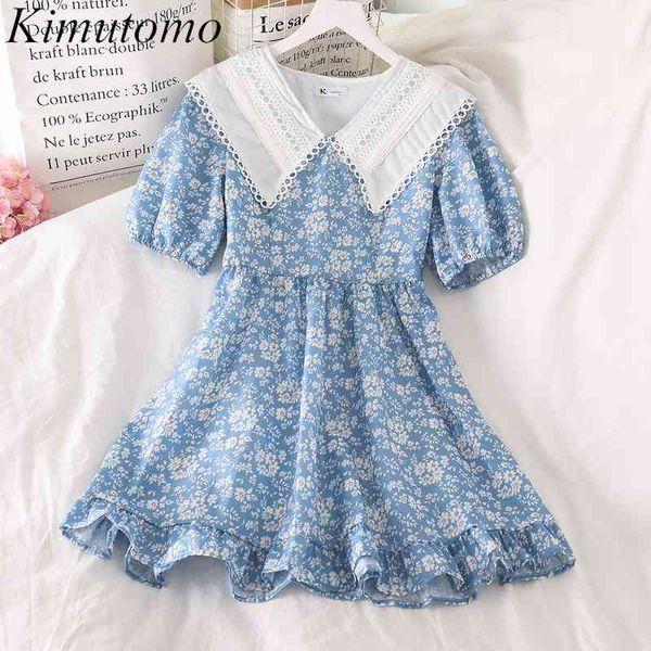 

kimutomo elegant peter pan collar sweet floral dress summer women short puff sleeve high waist blue vestido feminino 210521, Black;gray