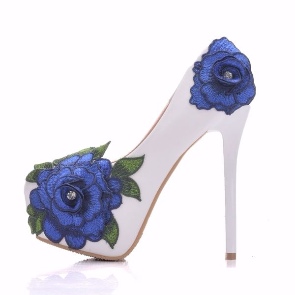 

sandals big blue flower women pumps high heels lace platform pearls wedding bride shoes heel height 14cm, Black