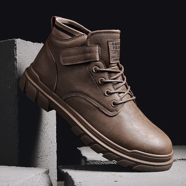 

men ankle boots outdoor leather autumn winter non-slip lace up walk male casual flats work shoes fashion comfortable, Black