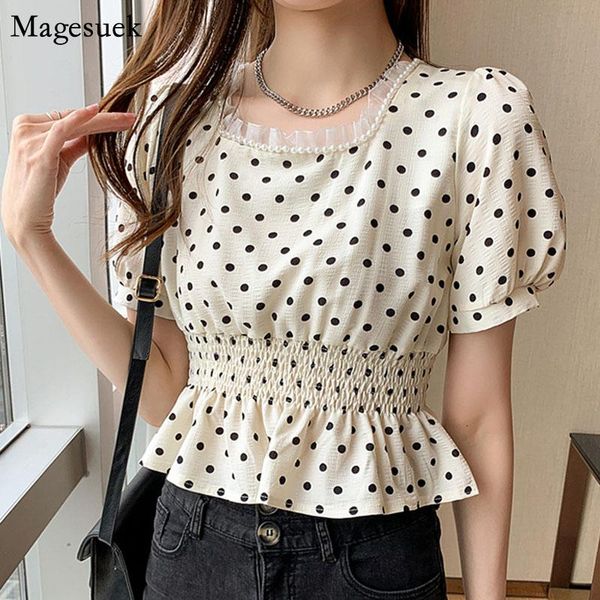 

women's blouses & shirts vintage polka dot casual summer blouse women 2021 sweet beading slim chiffon shirt square collar short sleeve, White