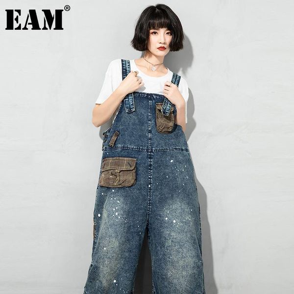 

women's jeans [eam] patchwork spliced leg overalls loose women full length wide legs trousers fashion spring autumn 2021 1dd6971, Blue