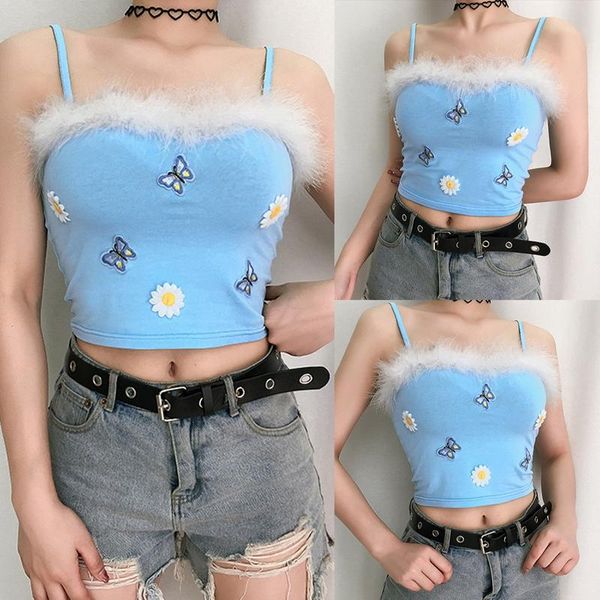 

women's tanks & camis fresh and slim short butterfly print halter blue, White