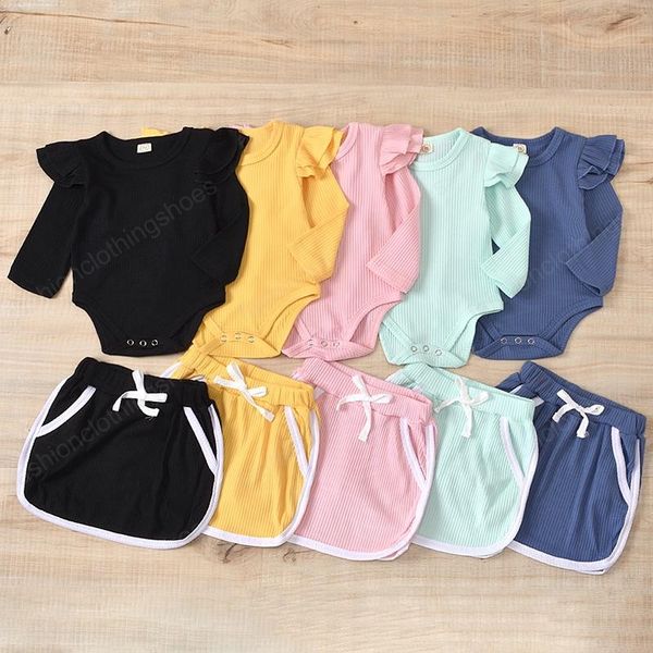 

kids clothing sets girls solid color outfits infant toddler flying sleeve romper +pit stripe skirts 2pcs/set spring autumn fashion boutique, White