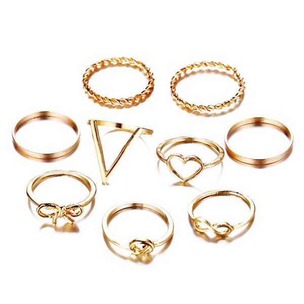

ring creative simple hollow out love knot bowknot ring set 9 pieces, Silver