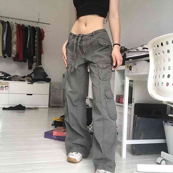 

drawstring streetwear retro loose cargo womens pant denim jeans pockets fashion clothes casual vintage joggers 90s straight pants, Black;white