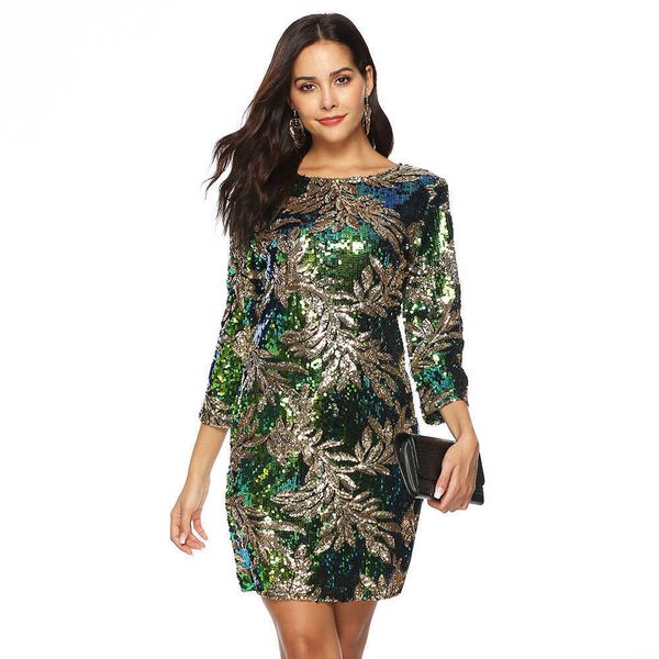 

luxury party evening dress women's spring and autumn long sleeved green sequin, Black;gray