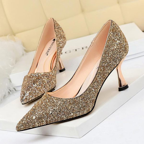 

dress shoes sequins pointed toe women pumps woman luxury bling high heels female ladies party wedding golden gold heel square, Black