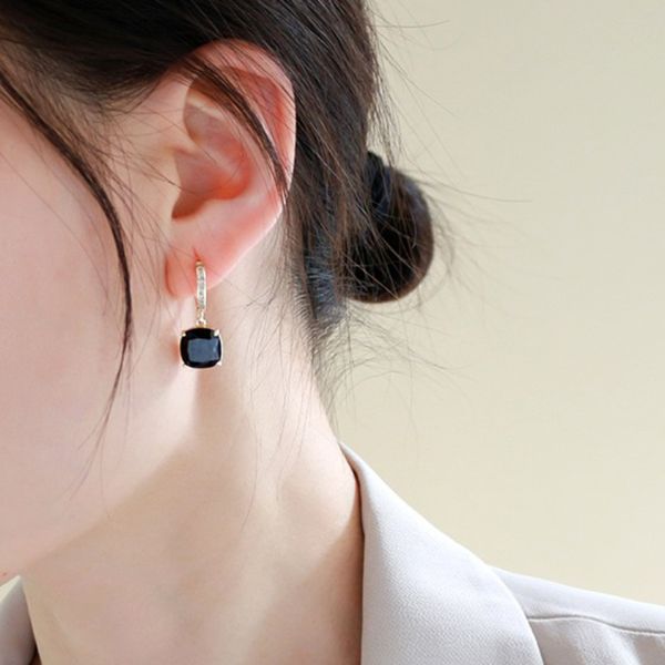 

square gold dangle earrings for women party wedding bijoux accessories luxury jewelry brands black cz drop earings girls gift, Silver