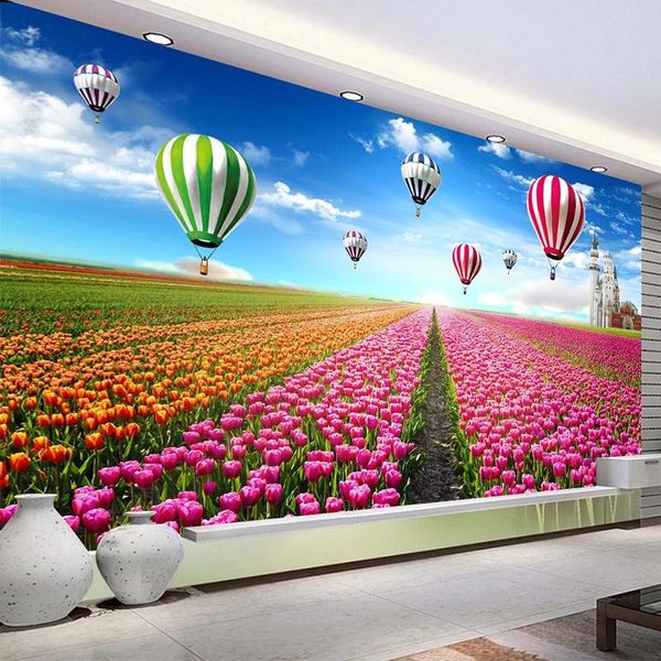 Sfondi Carta da parati autoadesiva personalizzata 3D Bellissimi fiori Tulipano Mongolfiera Po Murales Soggiorno Camera da letto Adesivi