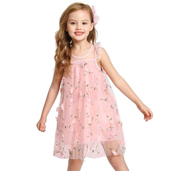 Bebê meninas verão vestido toddler casual apliques vestidos florais vestidos meninas menina crianças uma linha rosa cinza 2 cores 2-8T Q0716
