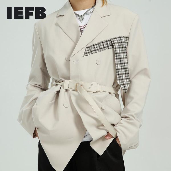 

men's casual suit coat 2021 plaid contrast color patchwork design black blazer with belt korean streetwear tide 9y6570 suits & blazers, White;black