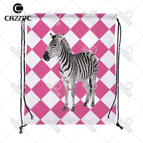 

shopping bags pink grid stripe lovely zebra pattern print custom individual nylon fabric drawstring backpack gift bag
