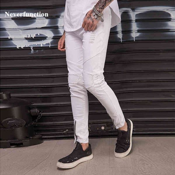 

jeans hip-hop skinny white biker knee ripped pleated beggar style streetwear men motorcycle casual holes denim, Blue