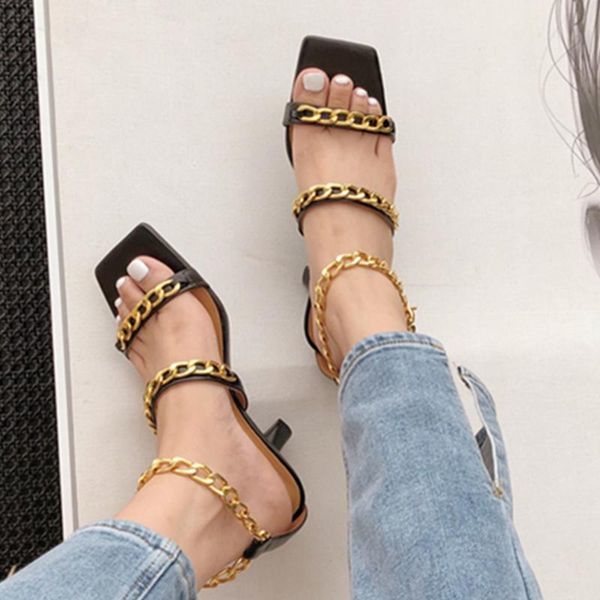 

sandals maxdutti women ins fashion blogger vintage cowhide metal chain party shoes woman summer high heel, Black