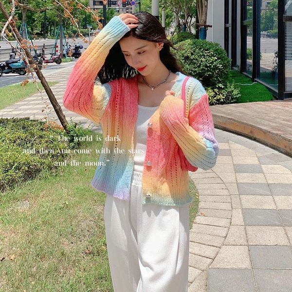 

women's sweaters short autumn raibow knitted cardigans with button women fashion long sleeve open stitch outwear female jumper knitwear, White;black
