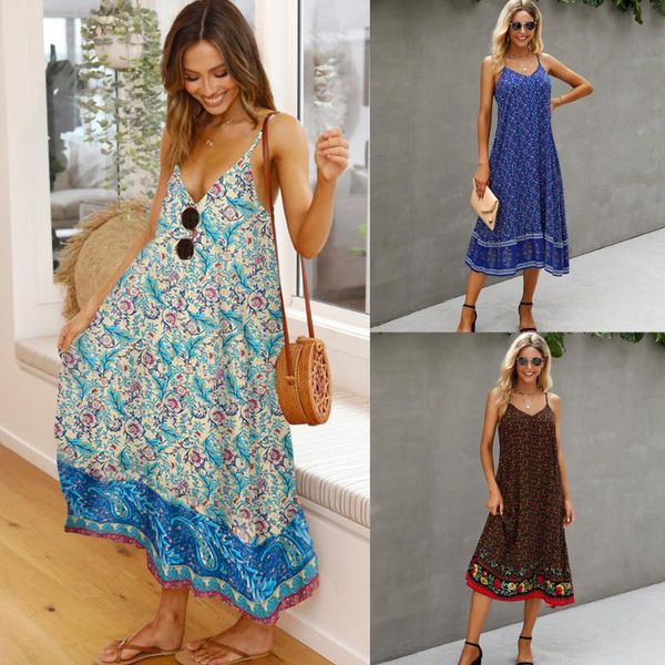 

casual dresses women summer dress 2021 fashion printing v-neck backless condole female long vestido de mujer onylq212s5118, Black;gray