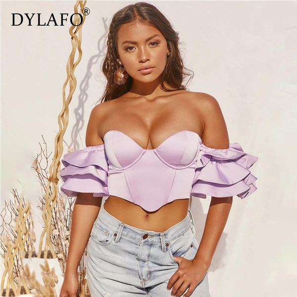 

elegant ruffles sleeve crop women strapless off shoulder backless zipper club party 2021 summer clothes women's tanks & camis, White