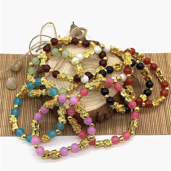

beaded, strands fengshui five pixiu natural crystal colorful stone bead bracelets women charm lucky wealth energy elastic rope jewelry brace, Black