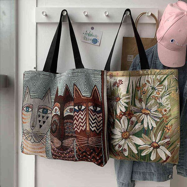 Shopping bags vintage cartoon tote estetico tote per le donne gatto moda floreale moda femmina borsa animale weekend shopper borsa a tracolla da donna coreano nuovo 220307