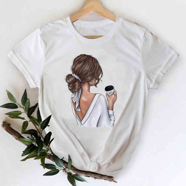 

women's t-shirt t-shirts women 2021 coffee clothing sweet girl 90s cartoon printing clothes graphic tshirt lady print female t, White