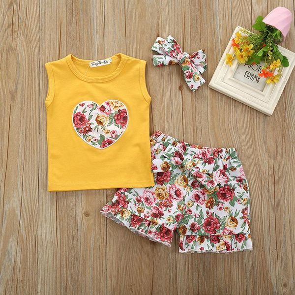 

3pcs born infant baby girls clothes set floral printed vest bowknot shorts headbands outfits ropa para bebes clothing sets, White